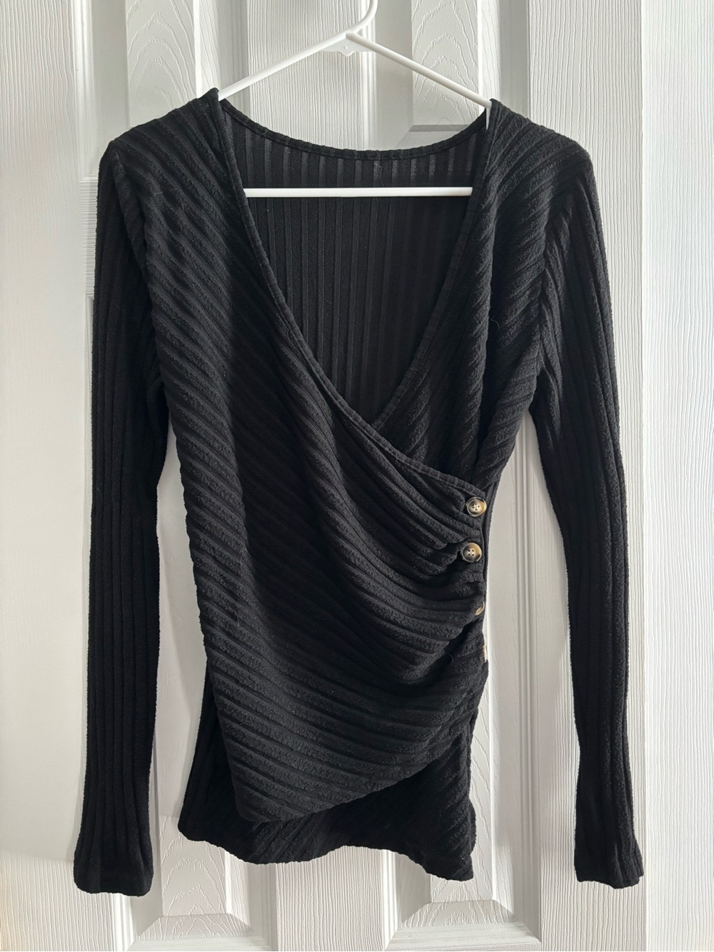Black Ribbed Wrap-Style Long Sleeve Top